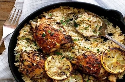 One pot Greek chicken and lemon rice