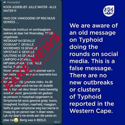 Typhoid Fever no threat in the Western Cape