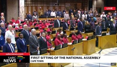 EFF sit in protest during Afrikaans and English sections of anthem