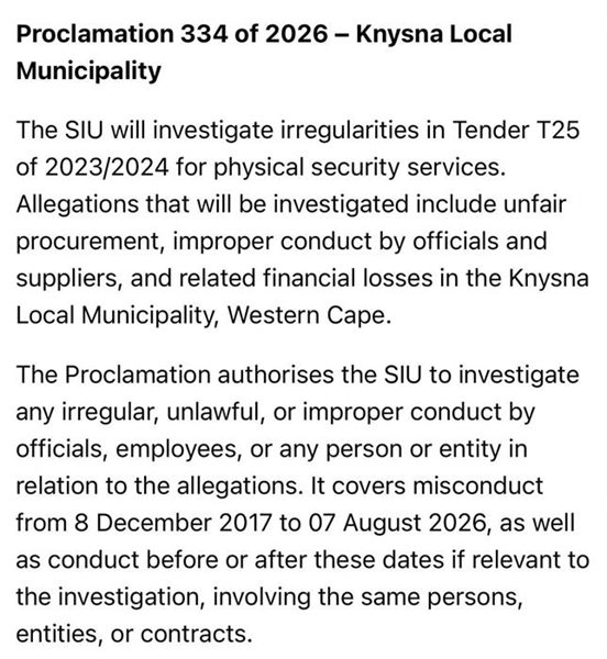 SIU confirms Knysna tender probe pending