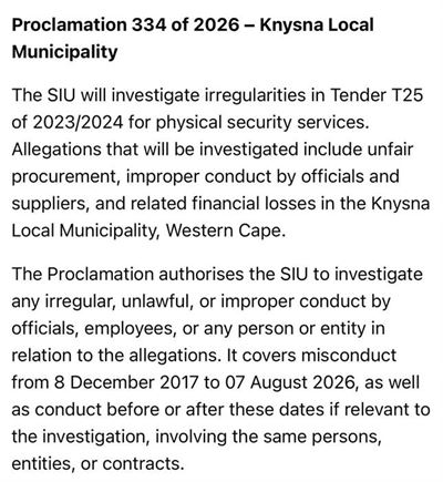 Pres Ramaphosa authorises SIU investigation into Knysna Municipality security tender