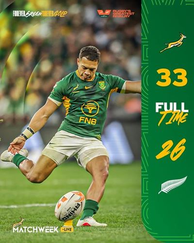 Springboks beat All Blacks 33-26 in Second Test in Cape Town 