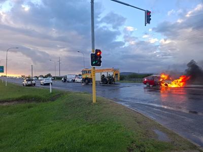 One vehicle on fire, two lanes closed following accident 