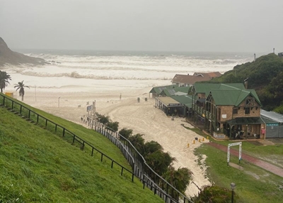 Victoria Bay battered by towering waves and foam
