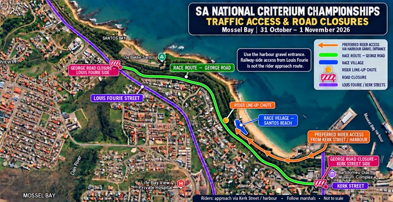 Temporary road closures for upcoming cycling championships in Mossel Bay