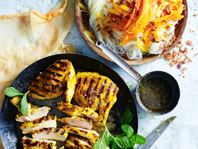 Braaied bobotie spiced chicken with rice noodles