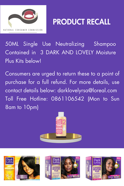 Product recall: 50ml single-use neutralizing shampoo contained in dark and lovely moisture-plus kits