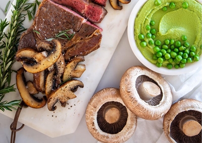 Sautéed Portabellos, Steak, Coriander Mash and Pea Purée 