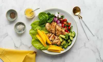 What’s for dinner? Mango, tomato, chicken and red onion salad