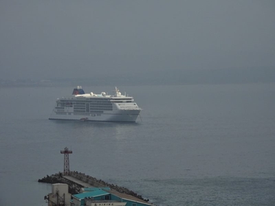 Stately cruise ship in bay