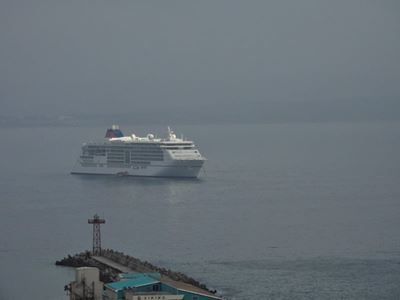 Stately cruise ship in bay