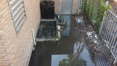 Vicbaaier kla oor riool op strand uitloop
