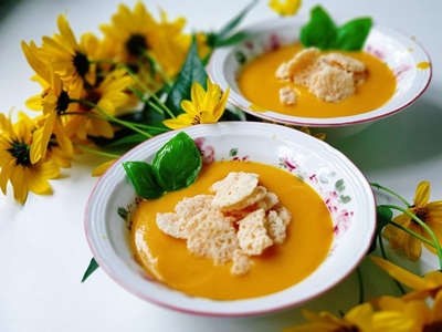 Smokey roast pumpkin soup with cheesy chorizo toast
