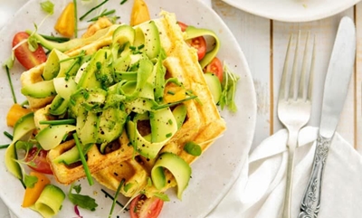 Corn and buttermilk waffles with shaved avocado and avo-cream