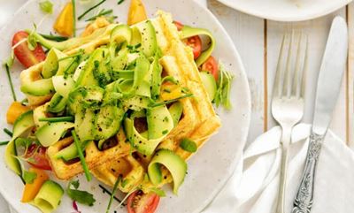 Corn and buttermilk waffles with shaved avocado and avo-cream