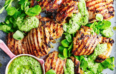 Cheeky chermoula chicken and pea puree