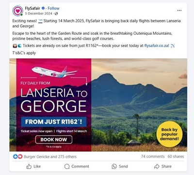 George to Lanseria flights welcomed