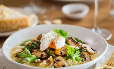 Portabellini and veg Risotto with poached eggs