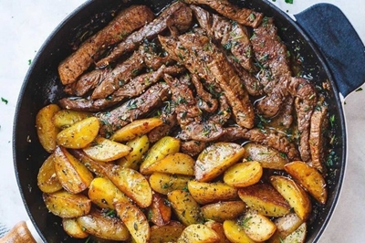Recipe: Garlic butter beef strips with wedges