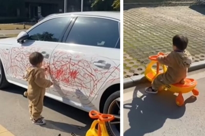 Naughty kid makes getaway after scribbling on car with lipstick