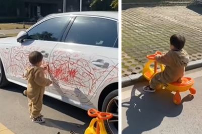 Naughty kid makes getaway after scribbling on car with lipstick