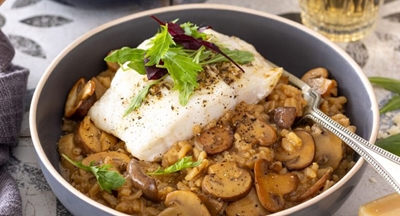 Oven-baked fish and creamy, umami-rich mushroom risotto