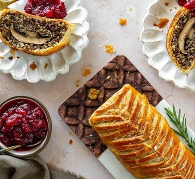 Festive mushroom wellington and cranberry sauce