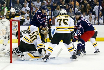 Bruins down Blue Jackets to advance in NHL playoffs, Sharks-Avs tied