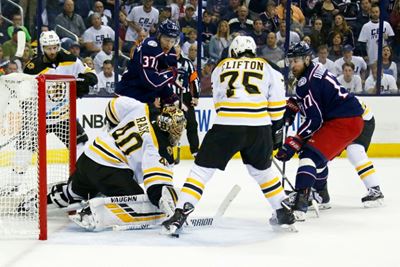 Bruins down Blue Jackets to advance in NHL playoffs, Sharks-Avs tied