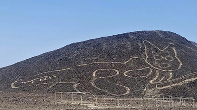 Peru unveils giant cat etching at famous Nazca site