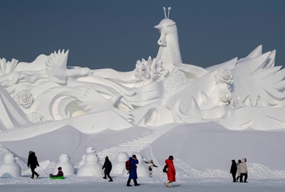 Mass snow wedding and crystal towers at China's ice fest