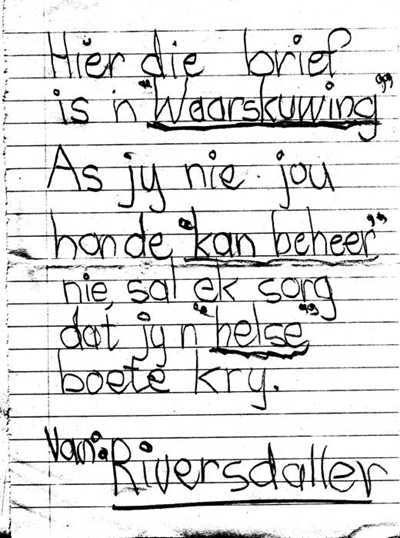 Dreigbrief oor honde ontstel