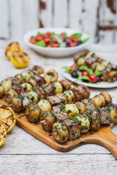 Steak, Mushroom and Baby Potato Kebabs