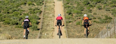 Bergfietsryers ry in leeu se spoor