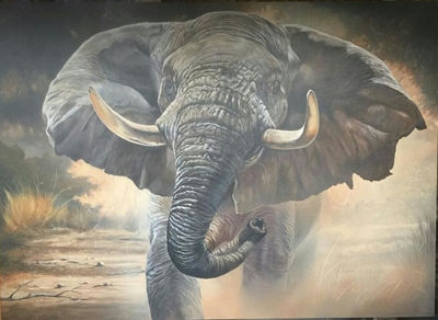 Kunstenaar speel met die olifant se slurp
