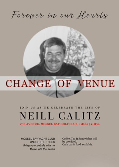 Neill Calitz memorial service: change of venue