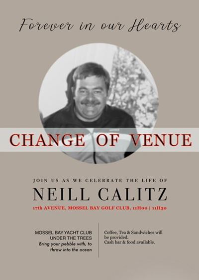 Neill Calitz memorial service: change of venue