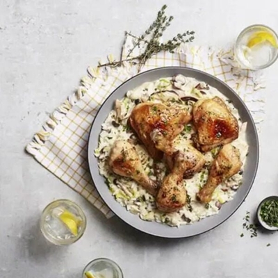 Recipe of the day: Creamy mushroom and leek rice with crispy chicken