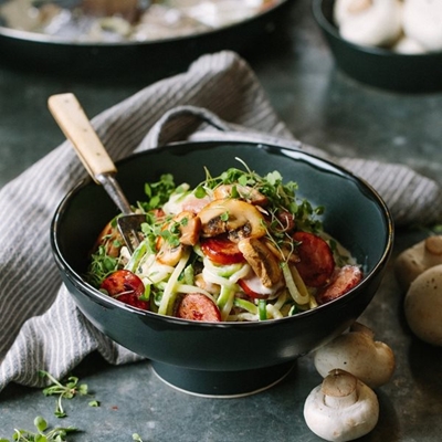 Courgette spaghetti with creamy mushrooms, pork sausage & parmesan