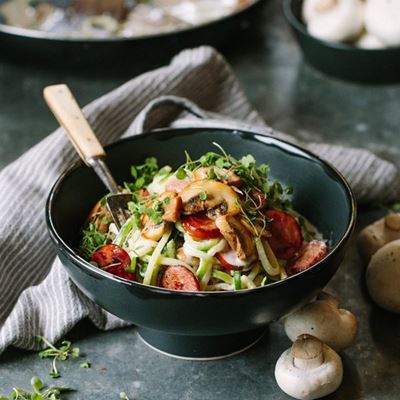 Courgette spaghetti with creamy mushrooms, pork sausage & parmesan