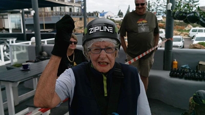 92 Year old enjoys birthday zipline ride