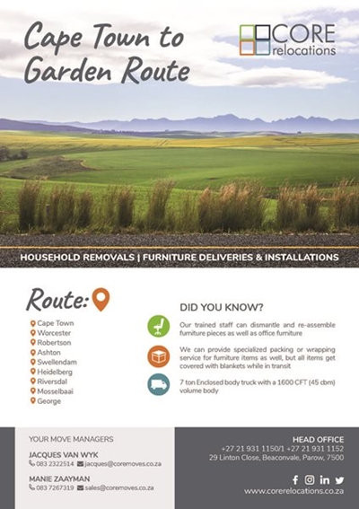 Core Relocations now from Cape Town to Garden Route