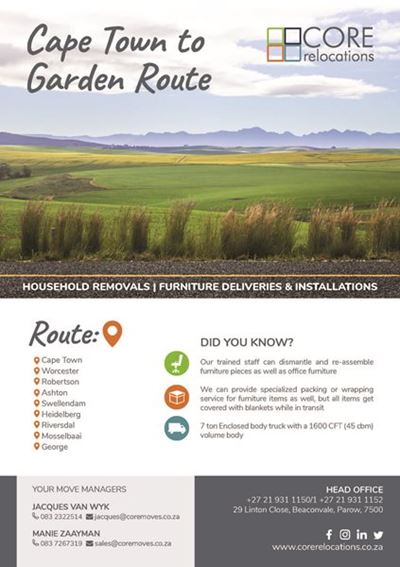Core Relocations now from Cape Town to Garden Route