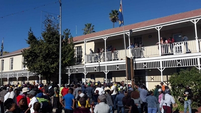 Marchers at police station