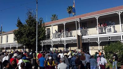 Marchers at police station