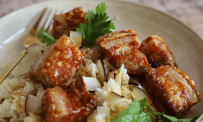Air fried crispy pork belly bites with sticky coconut rice