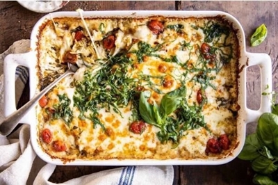 Meatless pumpkin, silverbeet and mushroom bake