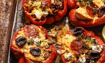 Stuffed red peppers with ground pork mince