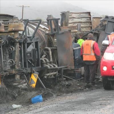 Crashed tanker goes up in flames