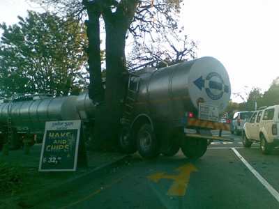 Truck collides with oak tree